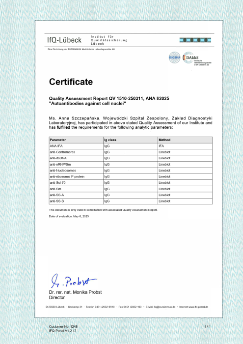 Certyfikat potwierdzający pozytywny wynik oceny jakości badań autoprzeciwciał przeciwjądrowych (ANA i inne autoprzeciwciała przeciw strukturom jądra komórkowego) dla Zakładu Diagnostyki Laboratoryjnej Wojewódzkiego Szpitala Zespolonego w Toruniu, z tabelą parametrów i podpisem dyrektora instytutu IfQ‑Lübeck.