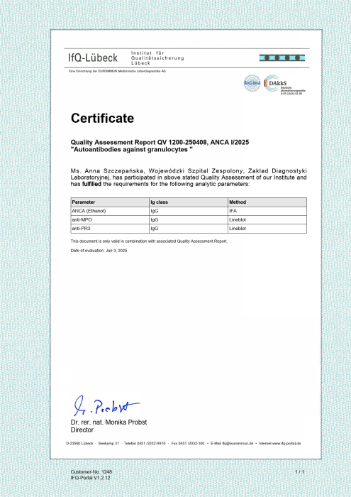 Certyfikat potwierdzający pozytywny wynik oceny jakości badań autoprzeciwciał przeciw granulocytom (ANCA) dla Zakładu Diagnostyki Laboratoryjnej Wojewódzkiego Szpitala Zespolonego w Toruniu, z tabelą parametrów i podpisem dyrektora instytutu IfQ‑Lübeck.”