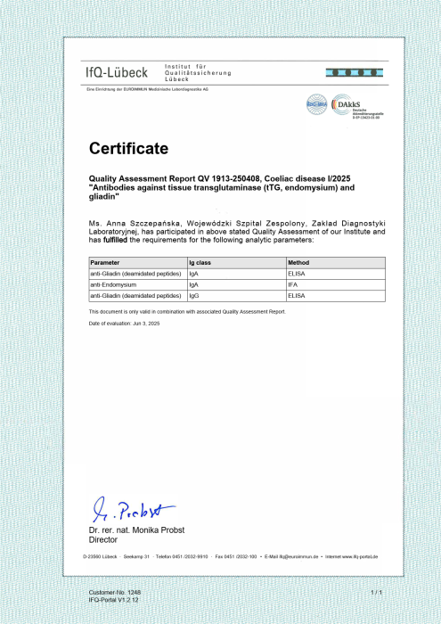 Certyfikat potwierdzający pozytywny wynik oceny jakości badań przeciwciał w celiakii (przeciw transglutaminazie tkankowej, endomysium i gliadynie) dla Zakładu Diagnostyki Laboratoryjnej Wojewódzkiego Szpitala Zespolonego w Toruniu, z tabelą parametrów i podpisem dyrektora instytutu IfQ‑Lübeck.