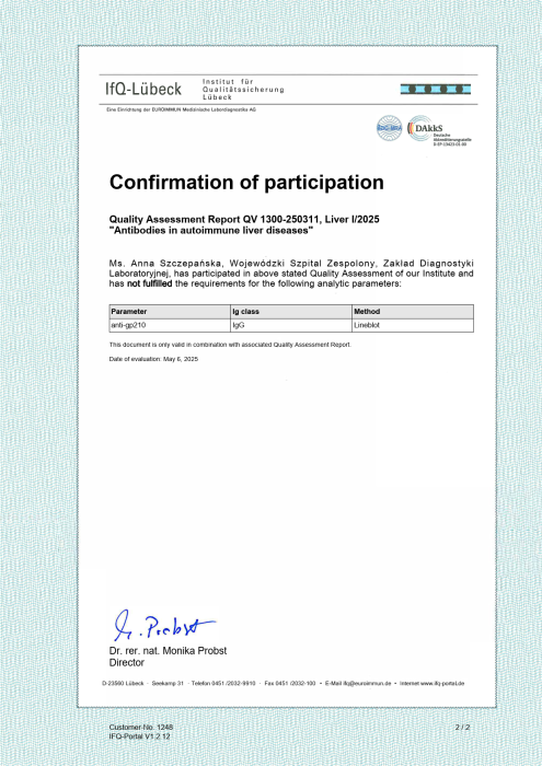Potwierdzenie udziału Zakładu Diagnostyki Laboratoryjnej Wojewódzkiego Szpitala Zespolonego w Toruniu w programie oceny jakości badań autoprzeciwciał w autoimmunologicznych chorobach wątroby – parametr anty‑gp210, z tabelą i podpisem dyrektora instytutu IfQ‑Lübeck.