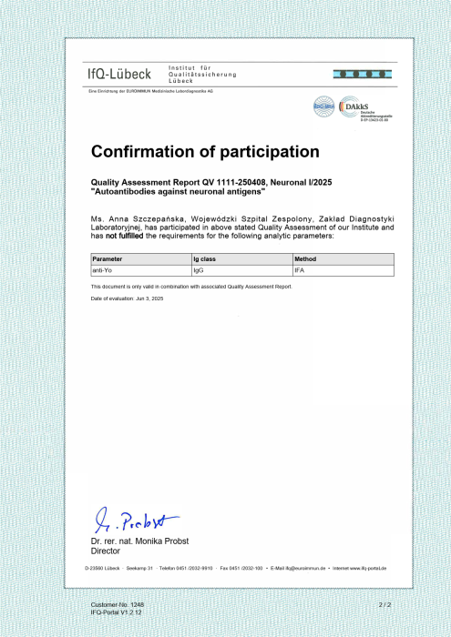 Potwierdzenie udziału Zakładu Diagnostyki Laboratoryjnej Wojewódzkiego Szpitala Zespolonego w Toruniu w programie oceny jakości badań autoprzeciwciał przeciw antygenom neuronalnym – parametr anty‑Yo, z tabelą i podpisem dyrektora instytutu IfQ‑Lübeck.