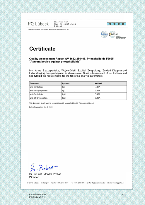 Certyfikat potwierdzający pozytywny wynik oceny jakości badań autoprzeciwciał przeciw fosfolipidom (anty‑kardiolipina i anty‑β2‑glikoproteina w klasach IgG i IgM) dla Zakładu Diagnostyki Laboratoryjnej Wojewódzkiego Szpitala Zespolonego w Toruniu, z tabelą parametrów i podpisem dyrektora instytutu IfQ‑Lübeck.