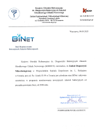 Pismo Krajowego Ośrodka Referencyjnego ds. Diagnostyki Bakteryjnych Zakażeń Ośrodkowego Układu Nerwowego (KOROUN), w którym potwierdza się, że Zakład Diagnostyki Mikrobiologicznej Wojewódzkiego Szpitala Zespolonego im. L. Rydygiera w Toruniu jest członkiem sieci BINet i od 2008 roku aktywnie uczestniczy w programie monitorowania inwazyjnych zakażeń bakteryjnych; na dole widnieje podpis kierownika KOROUN.
